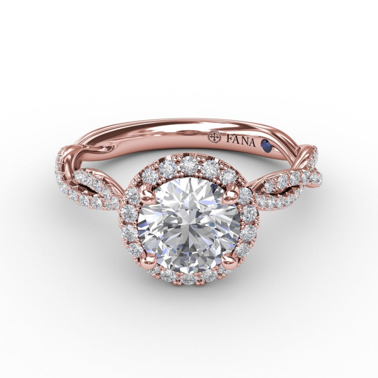 Classic Round Diamond Halo Engagement Ring With Cathedral Twist Diamond Band