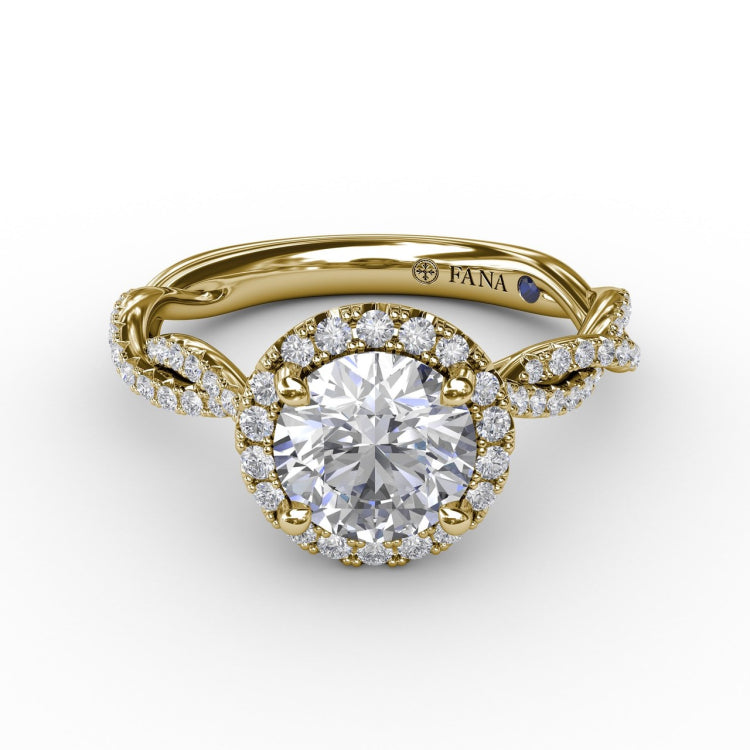 Classic Round Diamond Halo Engagement Ring With Cathedral Twist Diamond Band