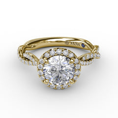 Classic Round Diamond Halo Engagement Ring With Cathedral Twist Diamond Band