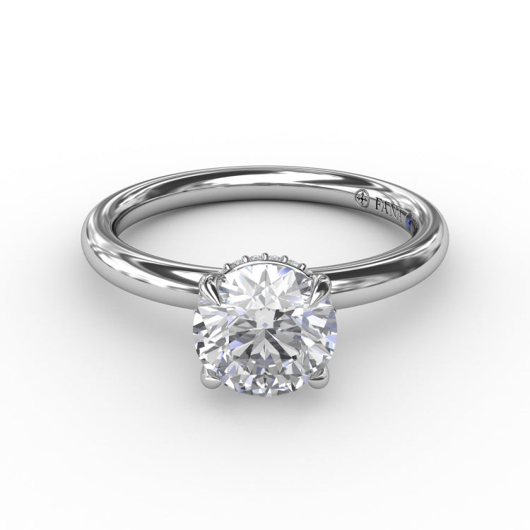 Contemporary Round Diamond Solitaire Engagement Ring With Hidden PavÃ© Halo