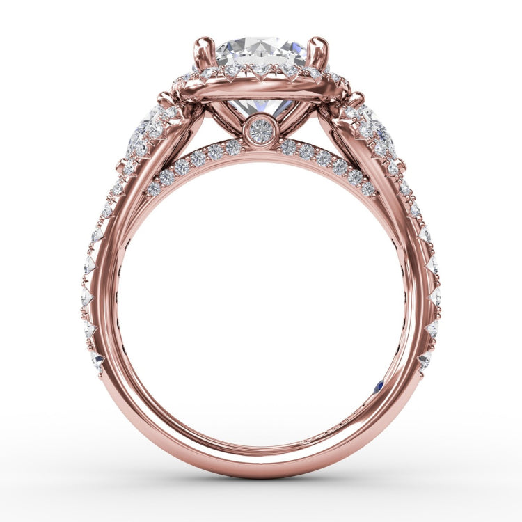 Three-Stone Round Diamond Halo Engagement Ring
