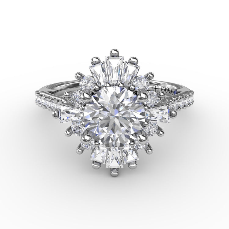Mixed Shape Diamond Halo Ballerina Style Engagement Ring With Diamond Band