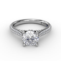 Classic Round Diamond Solitaire Engagement Ring With Double-Row PavÃ© Diamond Shank