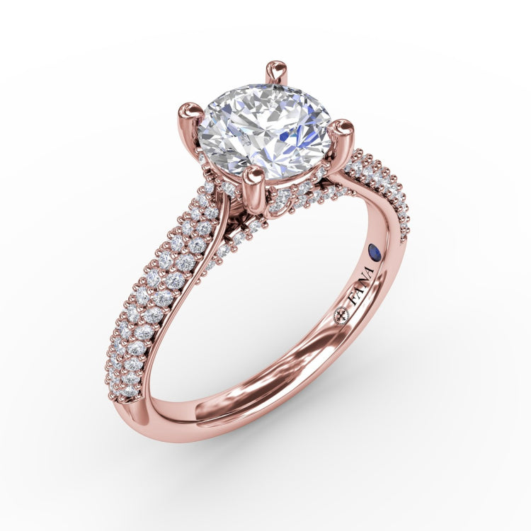 Classic Round Diamond Solitaire Engagement Ring With Double-Row PavÃ© Diamond Shank