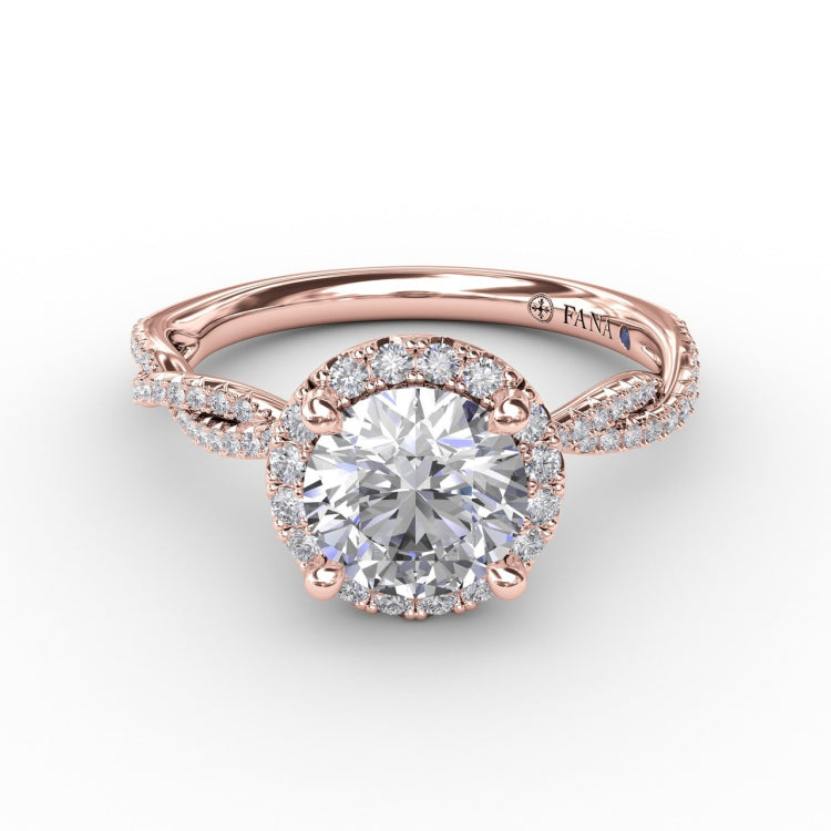 Classic Round Diamond Halo Engagement Ring With Twist Diamond Band