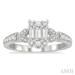 1/2 Ctw Carved Shank Fusion Baguette and Round Cut Diamond Engagement Ring in 14K White Gold