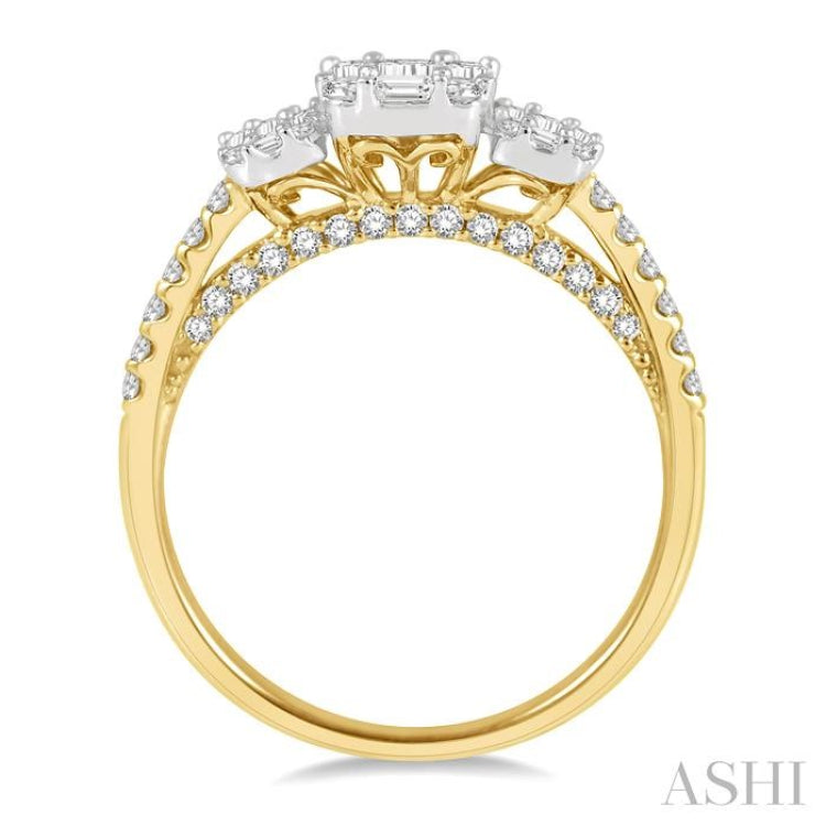 7/8 Ctw Tri-Mount Fusion Baguette and Round Cut Diamond Engagement Ring in 14K Yellow and White gold