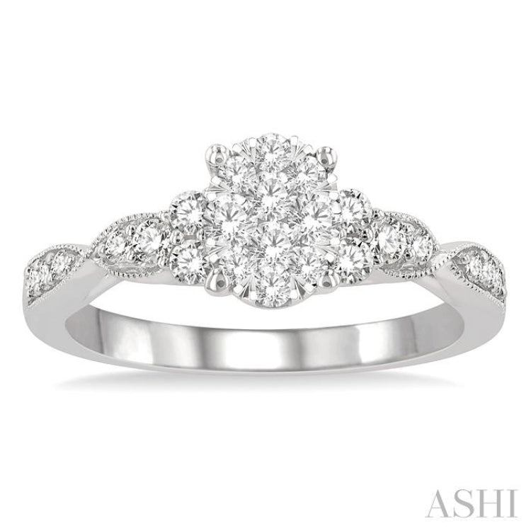 1/2 Ctw Oval Shape Center Criss Cross Carved Shank Lovebright Round Cut Diamond Engagement Ring in 14K White Gold