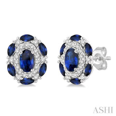 5x3 MM Oval Cut and 3X1.5 MM Marquise Cut Sapphire and 1/5 Ctw Round Cut Diamond Precious Earring in 14K White Gold
