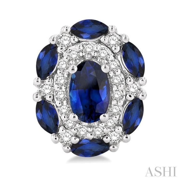 5x3 MM Oval Cut and 3X1.5 MM Marquise Cut Sapphire and 1/5 Ctw Round Cut Diamond Precious Earring in 14K White Gold