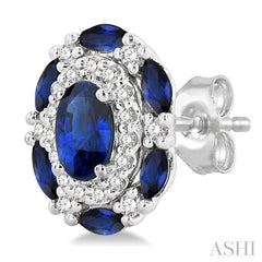 5x3 MM Oval Cut and 3X1.5 MM Marquise Cut Sapphire and 1/5 Ctw Round Cut Diamond Precious Earring in 14K White Gold