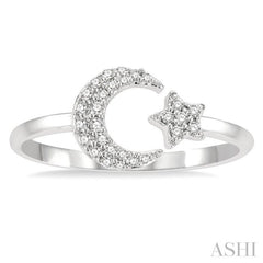 1/6 Ctw Crescent Moon and Star Round Cut Petite Diamond Fashion Ring in 10K White Gold