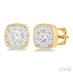1/2 Ctw Cushion Shape Round Cut Diamond Lovebright Bezel Stud Earring in 14K Yellow and White Gold