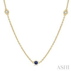 1.75 MM Sapphire and 1/6 Ctw Round Cut Diamond Precious Station Necklace in 14K Yellow Gold