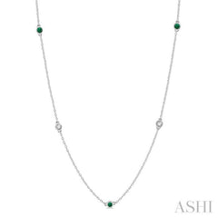 2.6 MM Emerald and 3/8 Ctw Round Cut Diamond Precious Station Necklace in 14K White Gold