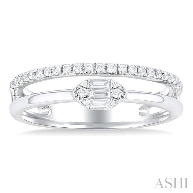1/4 Ctw Marquise shape Twin Band Baguette and Round Cut Diamond Fusion Fashion Ring in 10K White Gold