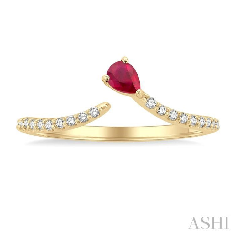 4X3 MM Pear Cut Ruby and 1/10 Ctw Petite Round Cut Diamond Precious Fashion Ring in 10K Yellow Gold