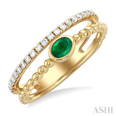4x3 MM Oval Shape Emerald and 1/5 Ctw Single Cut Diamonds Precious Fashion Split Twin Ring in 10K Yellow Gold