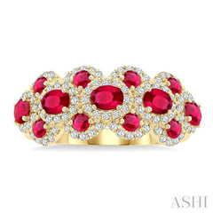 4X3 MM Oval Shape & 2.2 MM and 1/2 Ctw Round Cut Ruby and Round Cut Diamond Scalloped Edge Precious Ring in 14K Yellow Gold