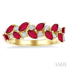4X2 MM Leafy Marquise Cut Ruby and 1/5 Ctw Round Cut Diamond Precious Band in 14K Yellow Gold