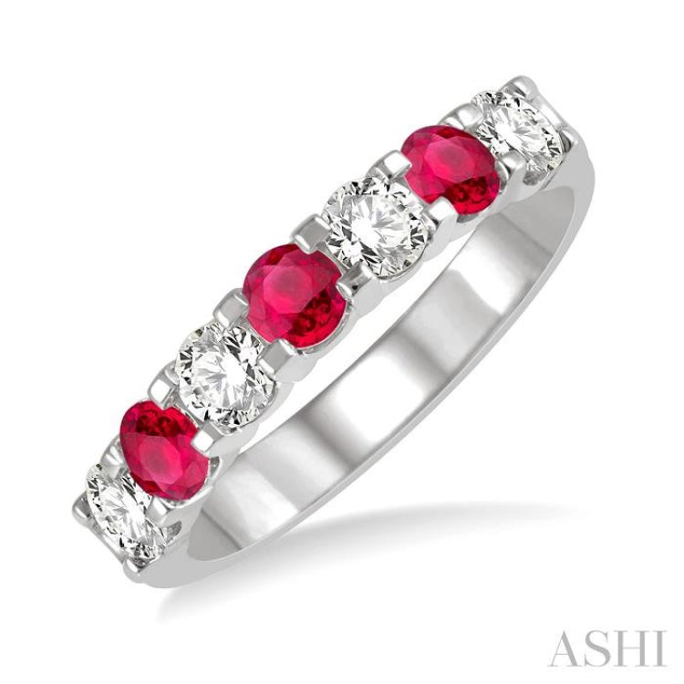 3.3 MM Ruby and 1/2 Ctw Round Cut Diamond Precious Wedding Band in 14K White Gold