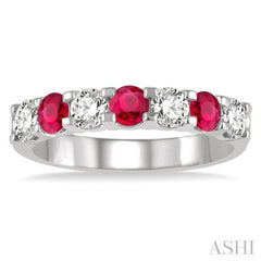 3.3 MM Ruby and 1/2 Ctw Round Cut Diamond Precious Wedding Band in 14K White Gold