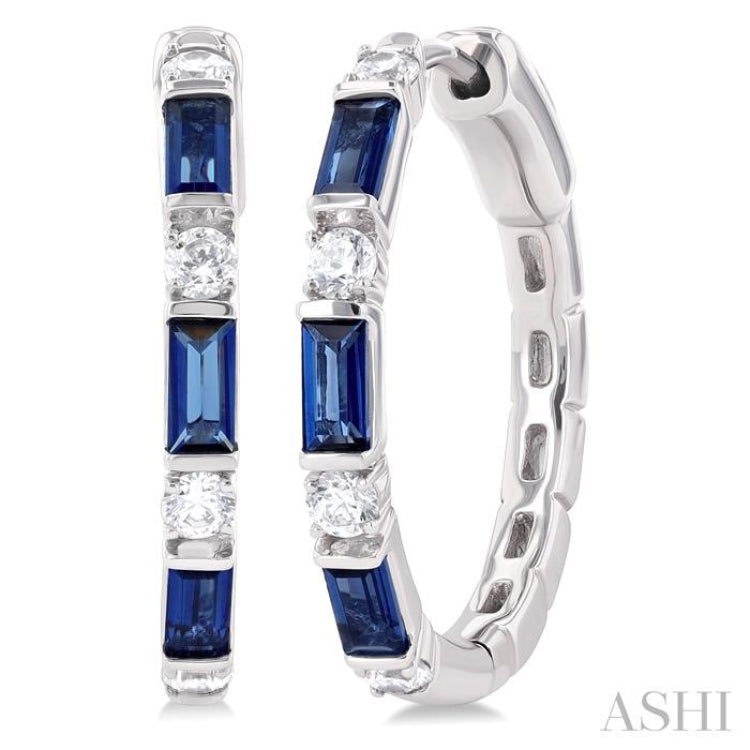 4X2 MM Baguette Cut Sapphire and 1/3 Ctw Art Deco Round Cut Diamond Precious Hoop Earring in 14K White Gold