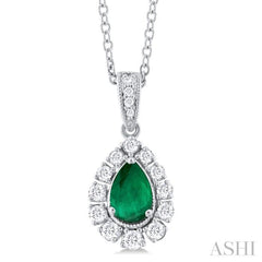 6X4 MM Pear Cut Emerald and 1/4 Ctw Round Cut Diamond Precious Pendant With Chain in 14K White Gold