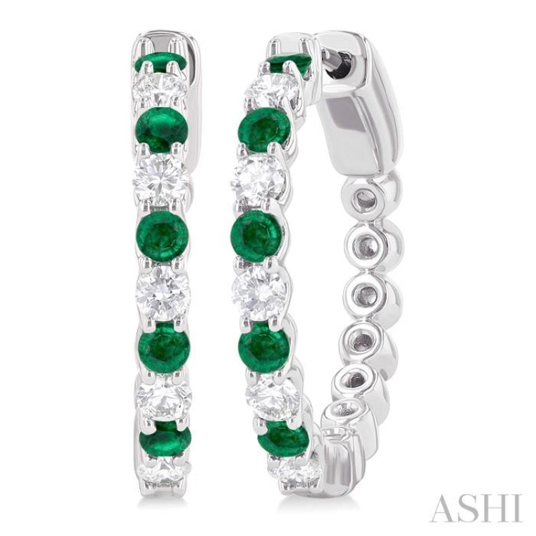 2.4 MM Round Shape Emerald and 5/8 Ctw Round Cut Diamond Precious Hoop Earring in 14K White Gold