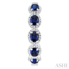 4X3 MM Oval Cut Sapphire and 1/2 Ctw Round Cut Diamond Halo Precious Hoop Earring in 14K White Gold