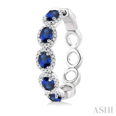 4X3 MM Oval Cut Sapphire and 1/2 Ctw Round Cut Diamond Halo Precious Hoop Earring in 14K White Gold