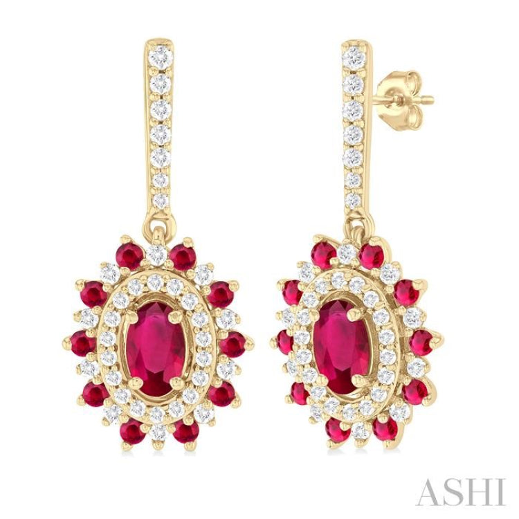 5x3 MM Oval Cut & 1.45 MM Round Cut Ruby and 1/3 Ctw Round Cut Diamond Precious Earring in 14K Yellow Gold