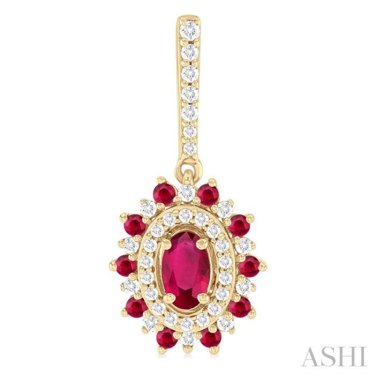 5x3 MM Oval Cut & 1.45 MM Round Cut Ruby and 1/3 Ctw Round Cut Diamond Precious Earring in 14K Yellow Gold