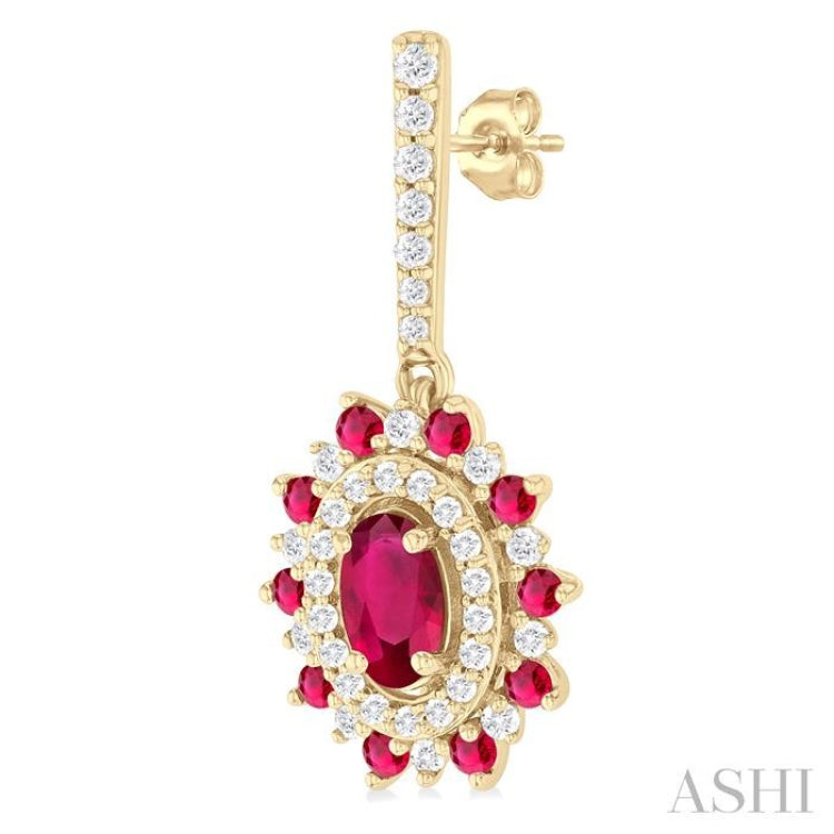 5x3 MM Oval Cut & 1.45 MM Round Cut Ruby and 1/3 Ctw Round Cut Diamond Precious Earring in 14K Yellow Gold