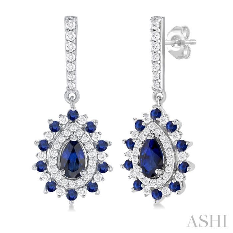 5x3 MM Pear Cut & 1.45 MM Round Cut Sapphire and 1/3 Ctw Round Cut Diamond Precious Earring in 14K White Gold