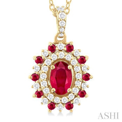 6X4 MM Oval Cut & 1.55 MM Round Cut Ruby and 1/4 Ctw Round Cut Diamond Floral Precious Pendant With Chain in 14K Yellow Gold