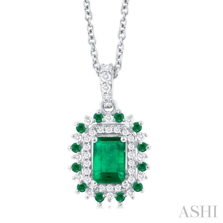 6X4 MM Emerald Cut & 1.55 MM Round Cut Emerald and 1/5 Ctw Round Cut Diamond Floral Precious Pendant With Chain in 14K White Gold