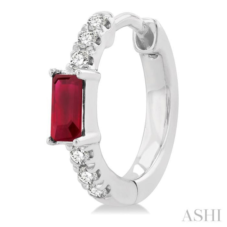 4X2 MM Baguette Cut Ruby and 1/8 Ctw Petite Round Cut Diamond Fashion Huggies in 10K White Gold