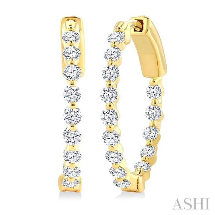 1 Ctw Inside-Out Single Prong Set Round Cut Diamond Hoop Earrings in 14K Yellow Gold