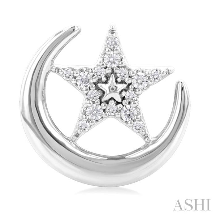 1/10 Ctw Petite Crescent Moon and Star Round Cut Diamond Fashion Stud Earring in 10K White Gold