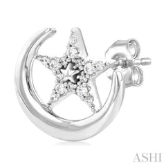 1/10 Ctw Petite Crescent Moon and Star Round Cut Diamond Fashion Stud Earring in 10K White Gold