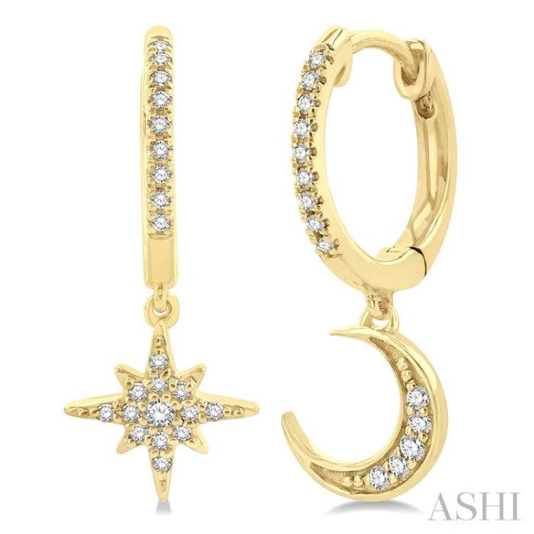 1/6 Ctw Petite Celestial Crescent & Star Round Cut Diamond Fashion Huggies in 10K Yellow Gold