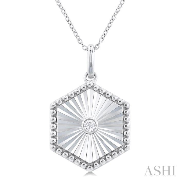 1/20 Ctw Hexagon fluted medallion Round Cut Diamond Pendant With Chain in Sterling Silver