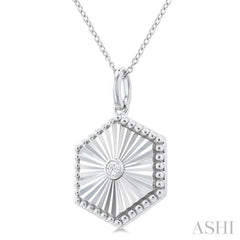 1/20 Ctw Hexagon fluted medallion Round Cut Diamond Pendant With Chain in Sterling Silver