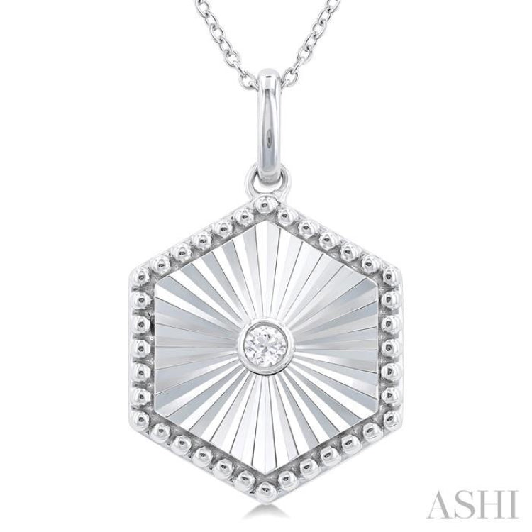 1/20 Ctw Hexagon fluted medallion Round Cut Diamond Pendant With Chain in Sterling Silver