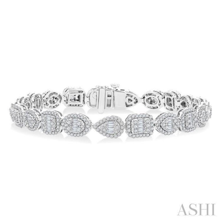 3 1/5 Ctw Mixed Shape Halo Fusion Baguette and Round Cut Diamond Bracelet in 14K White Gold
