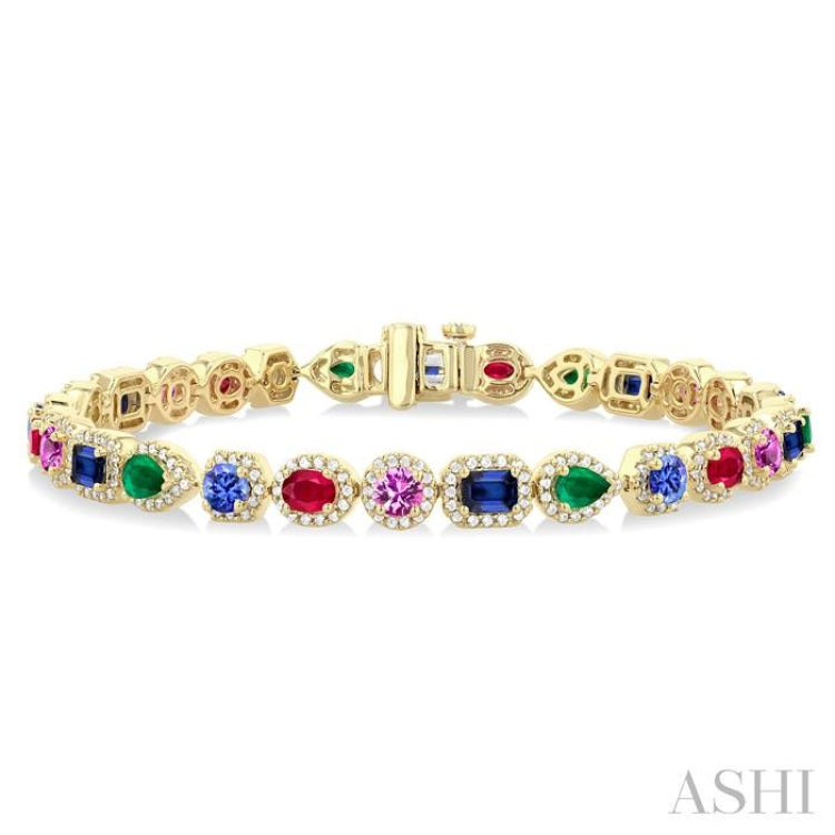 4X3 MM & 4 MM Mixed Shape Gemstone and 1 1/3 Ctw Round Cut Halo Diamond Bracelet in 14K Yellow Gold