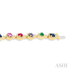 4X3 MM & 4 MM Mixed Shape Gemstone Rainbow and 1 Ctw Round Cut Diamond Halo Precious Tennis Bracelet in 14K Yellow Gold