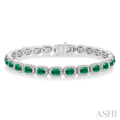 4X3 MM Emerald Cut Emerald and 2 1/5 Ctw Round Cut Diamond Halo Precious Bracelet in 14K White Gold