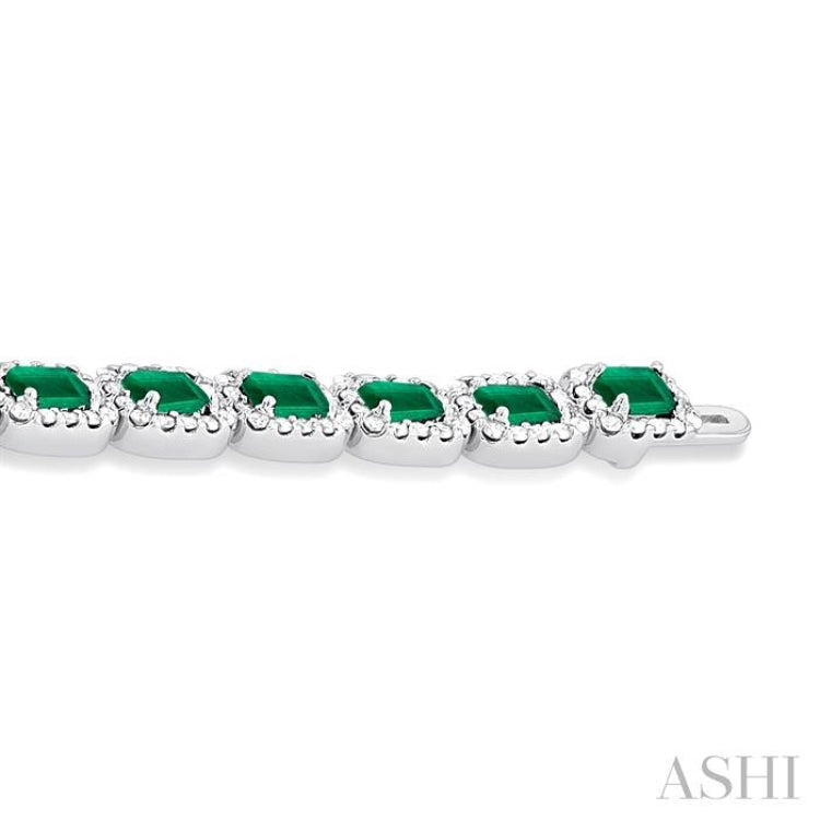 4X3 MM Emerald Cut Emerald and 2 1/5 Ctw Round Cut Diamond Halo Precious Bracelet in 14K White Gold